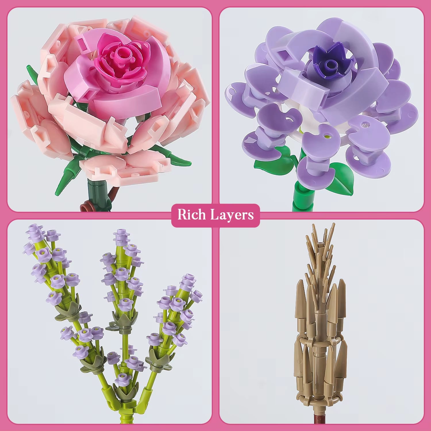 Flower Bouquet Mini Pink Rose Lavender 547Pcs Building Block Sets Creative Home Decor Toys Kits Aniversary Gifts with Box