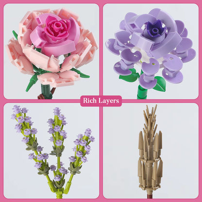 Flower Bouquet Mini Pink Rose Lavender 547Pcs Building Block Sets Creative Home Decor Toys Kits Aniversary Gifts with Box